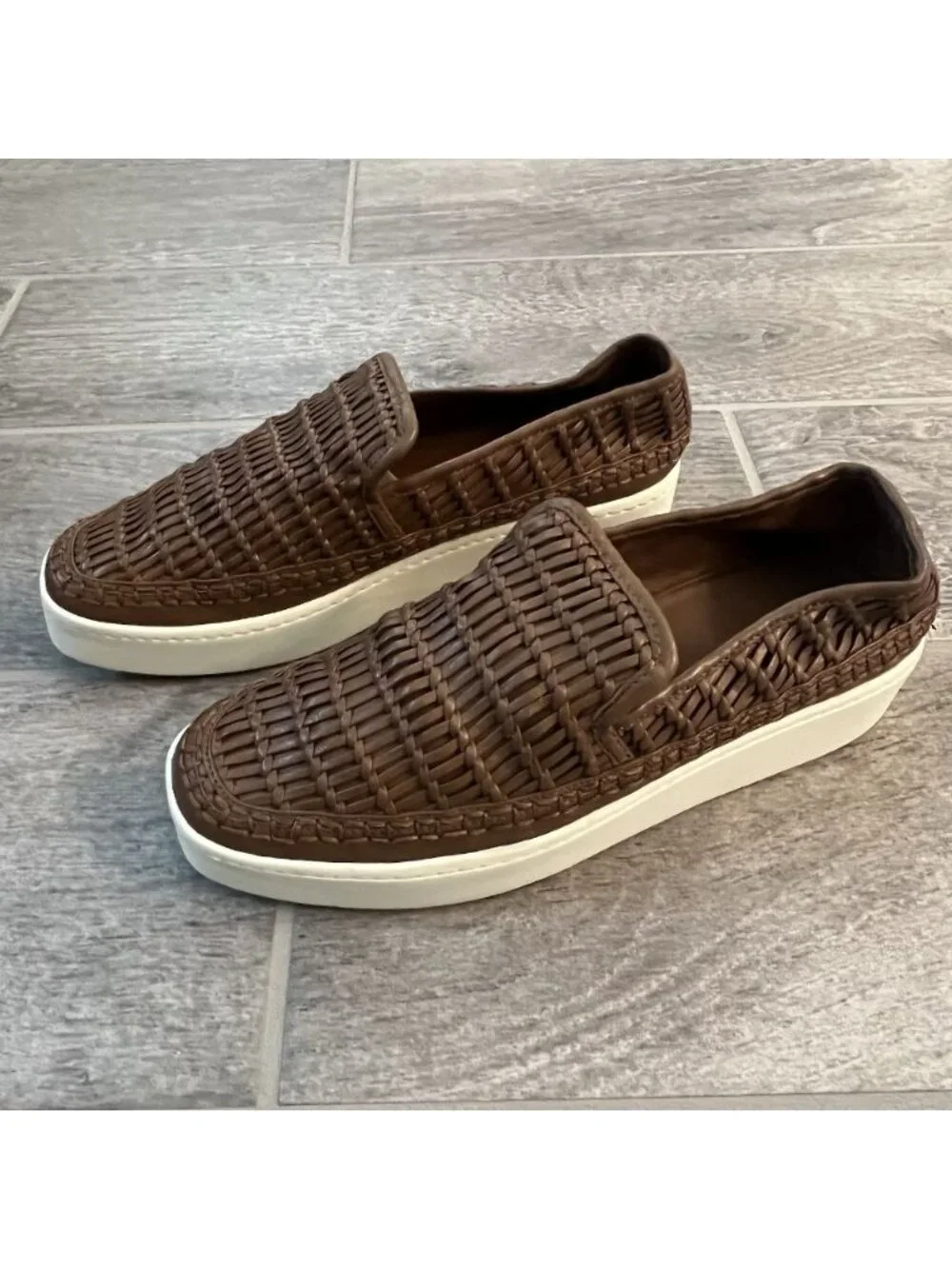 Vince Womens Stafford Woven Leather Platform Sneakers Size 7 Brown Casual Preppy - Picture 4 of 9
